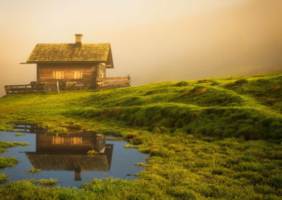 hut, dolomites, sunrise