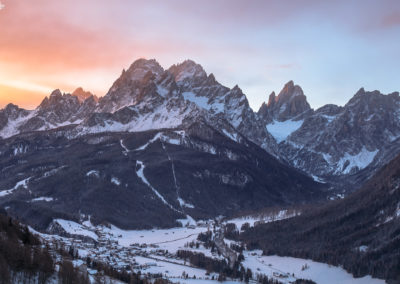 sexten - mountains - sunrise - winter - sunlight