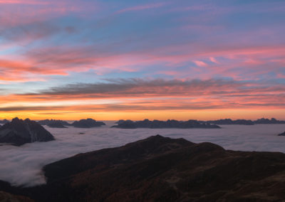 fog - sunrise - red - clouds - dolomites - mountains - magic - dreamy - morning